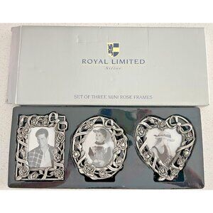 Vintage Royal Limited Silver Set of 3 Mini Picture Frames Rose New in Box 4"